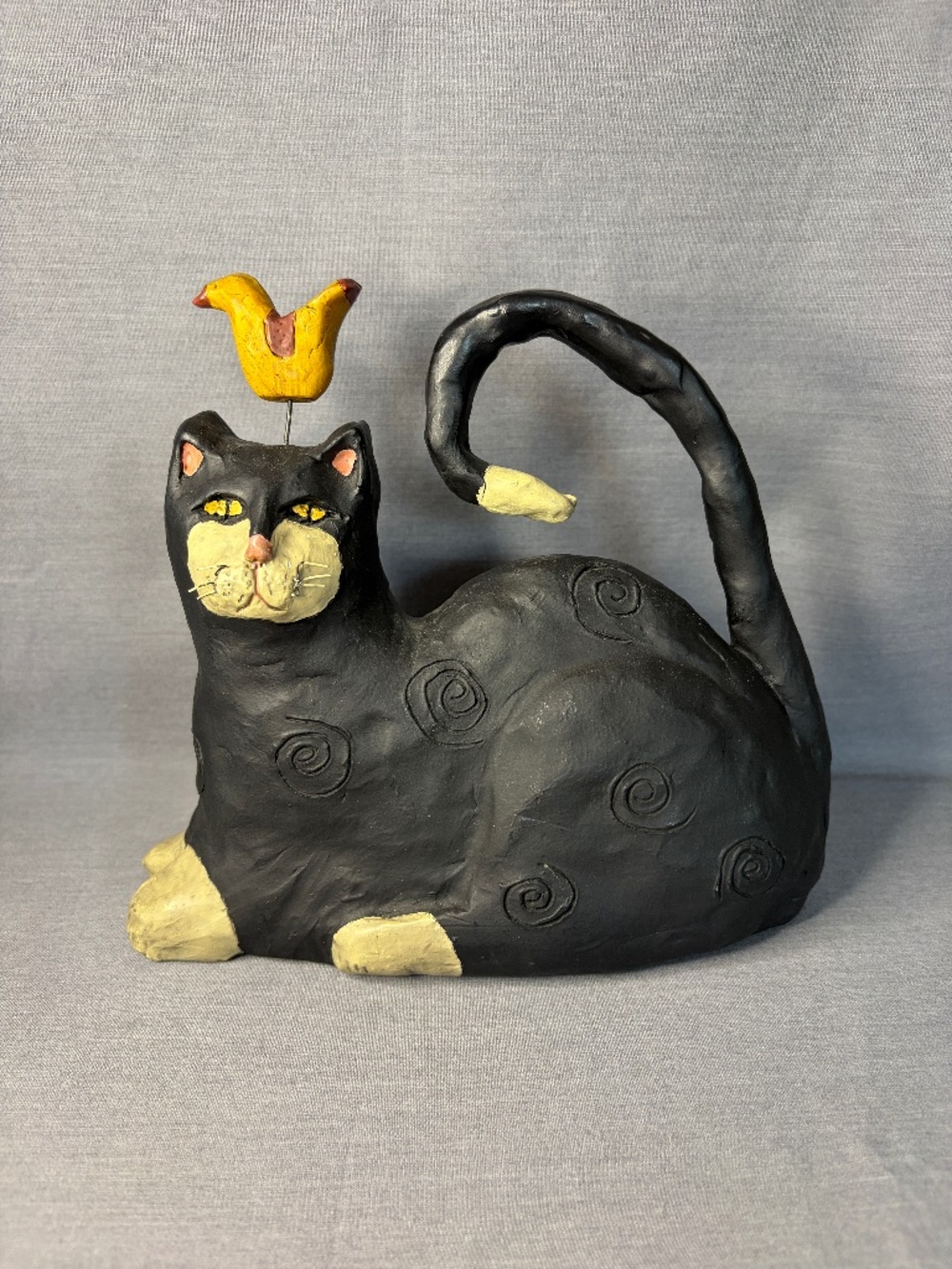 Folk Art ERS Cat Bird Blossom Bucket Resin Figurine Primitive Country